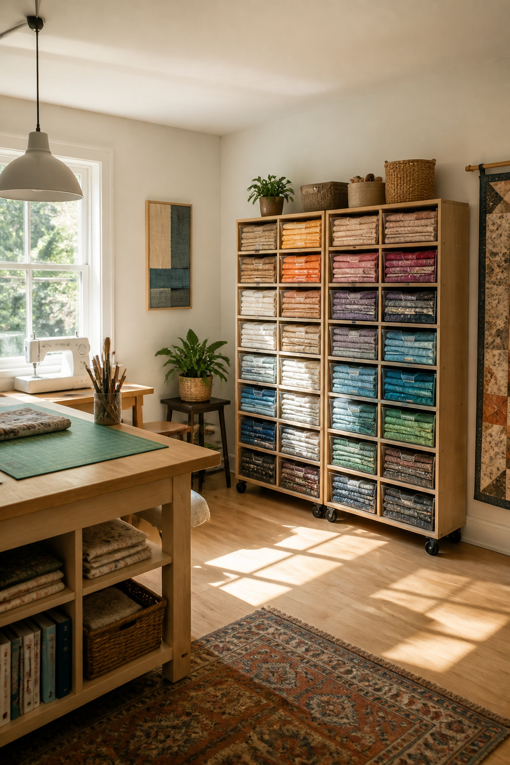 37 Fabric Storage Ideas to Organize Every Stash Size in 2026 37 Drawer unit on wheels filled with organized fabric pieces.