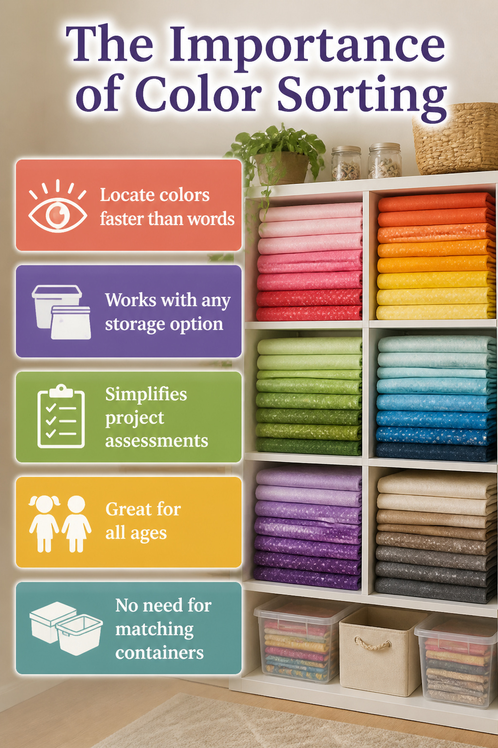 37 Fabric Storage Ideas to Organize Every Stash Size in 2026 38 Fabric sorted by color arranged neatly on shelves.