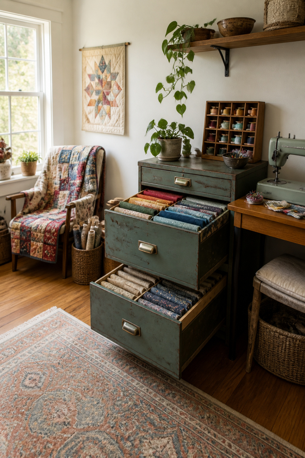 37 Fabric Storage Ideas to Organize Every Stash Size in 2026 4 Filing cabinet drawers filled with neatly folded fabric.
