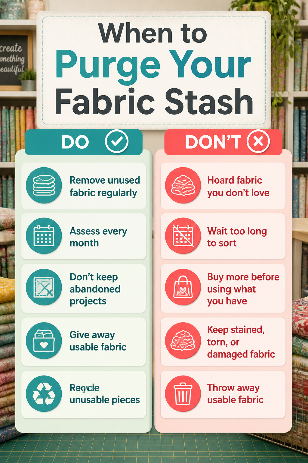 37 Fabric Storage Ideas to Organize Every Stash Size in 2026 40 Checklist for fabric purging displayed on a surface.