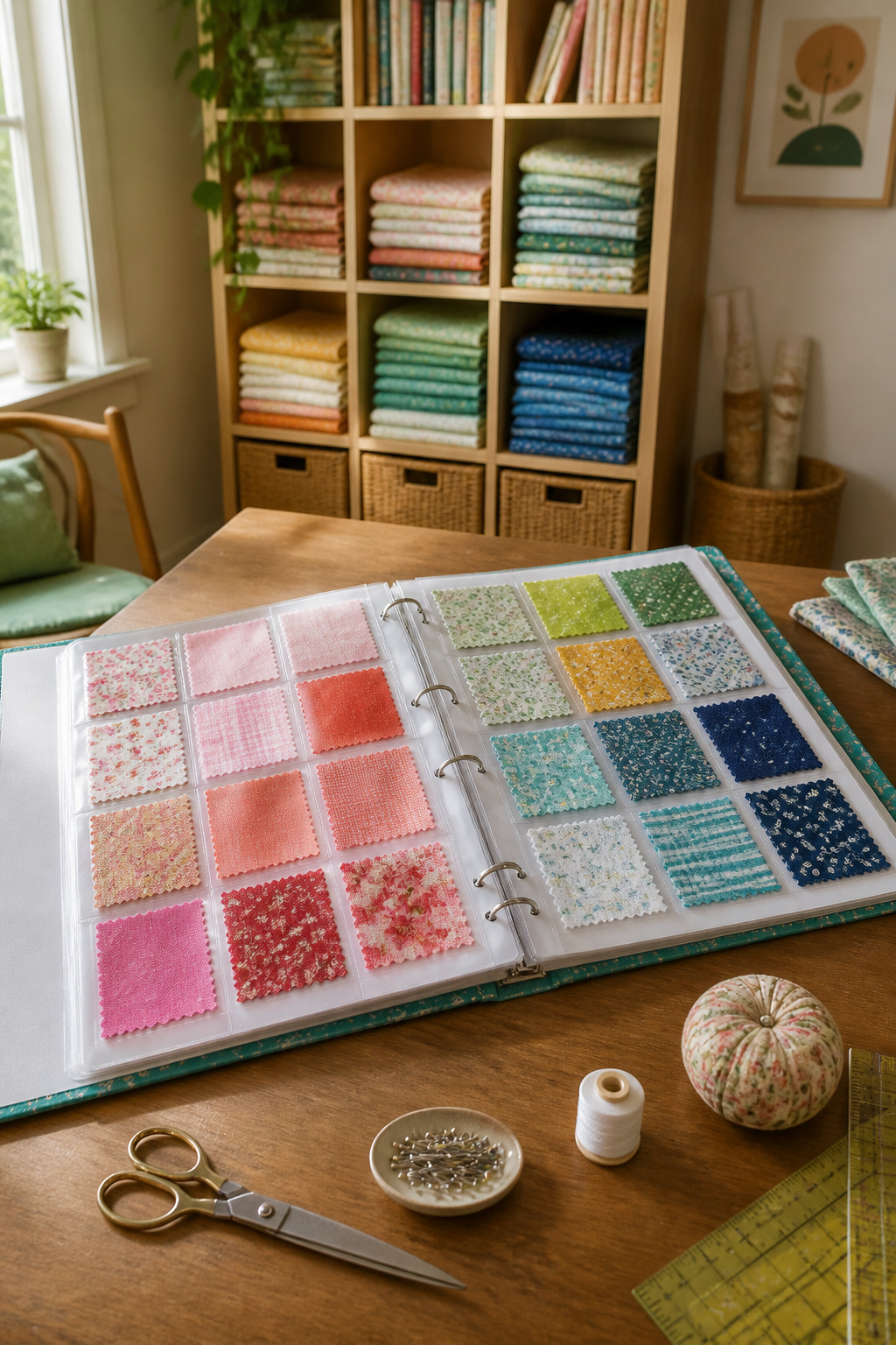 37 Fabric Storage Ideas to Organize Every Stash Size in 2026 5 Open swatch binder with labeled fabric swatches on a table.