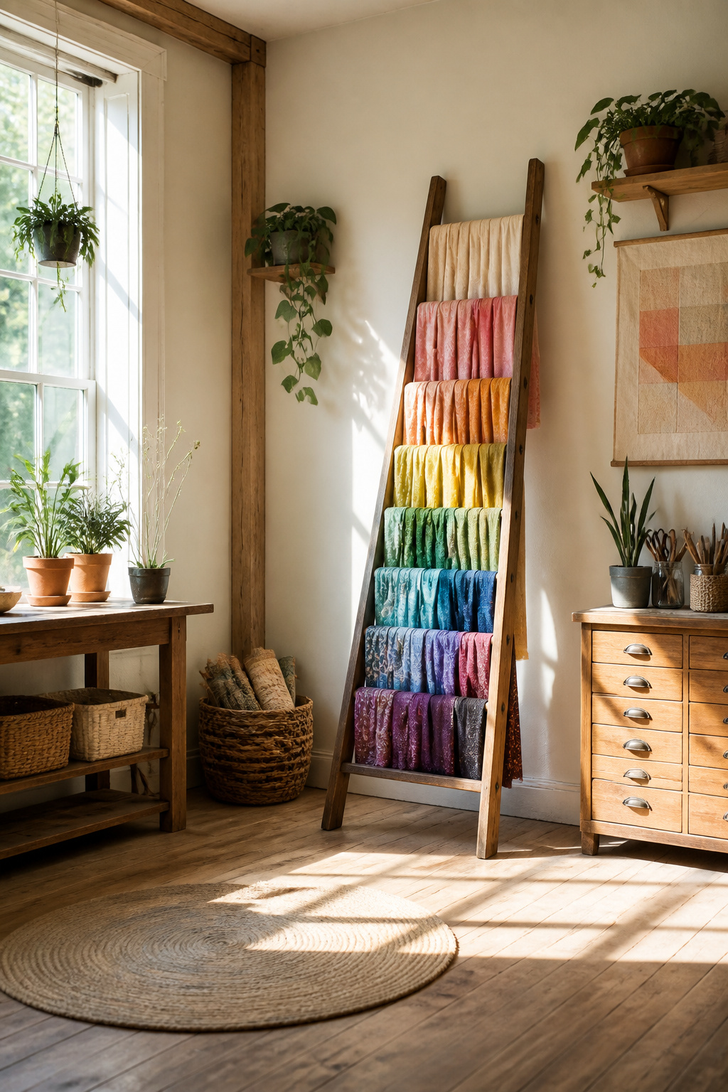 37 Fabric Storage Ideas to Organize Every Stash Size in 2026 6 Fabric draped over the rungs of a wooden ladder against a wall.