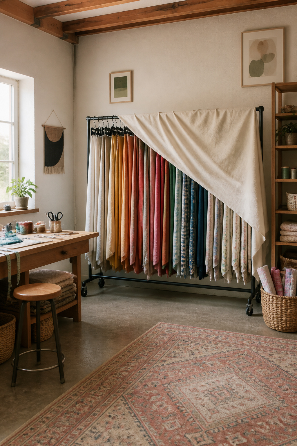 37 Fabric Storage Ideas to Organize Every Stash Size in 2026 7 Rolling garment rack with various fabrics hanging vertically.