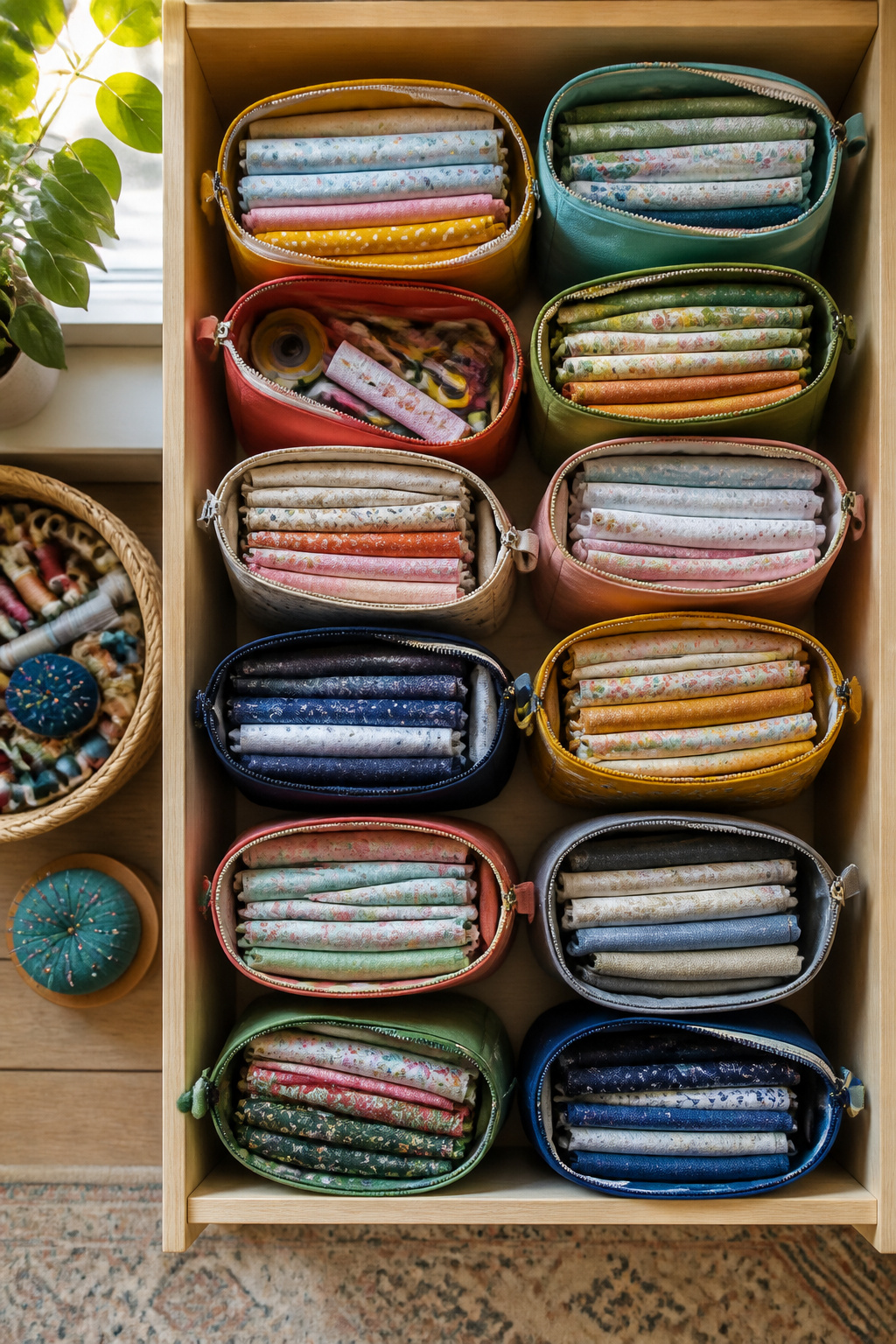 37 Fabric Storage Ideas to Organize Every Stash Size in 2026 8 Large zippered pouches filled with sewing project materials.