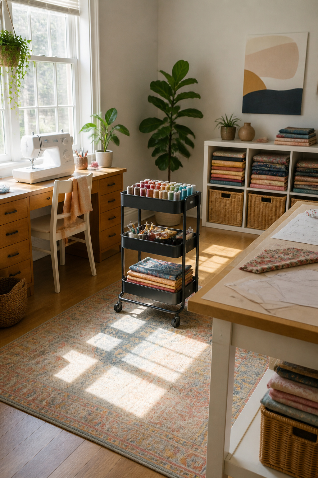 37 Fabric Storage Ideas to Organize Every Stash Size in 2026 9 Three-tier rolling cart filled with fabric and sewing tools.
