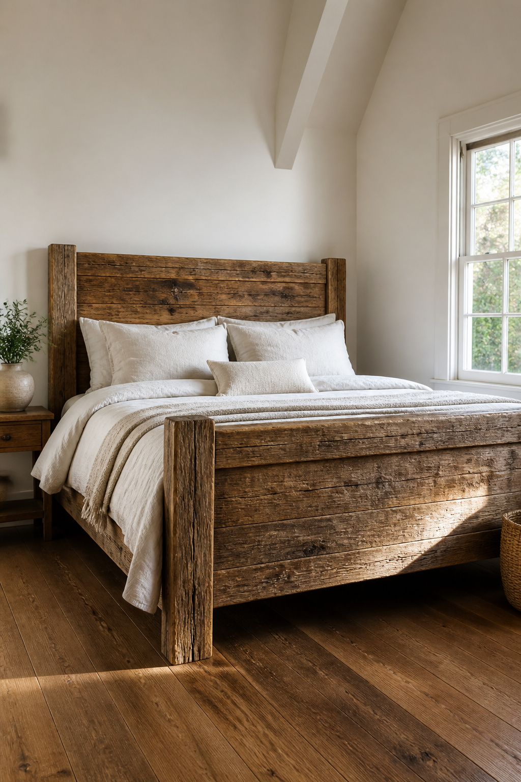 Wooden bed frame in a farmhouse setting with soft bedding.