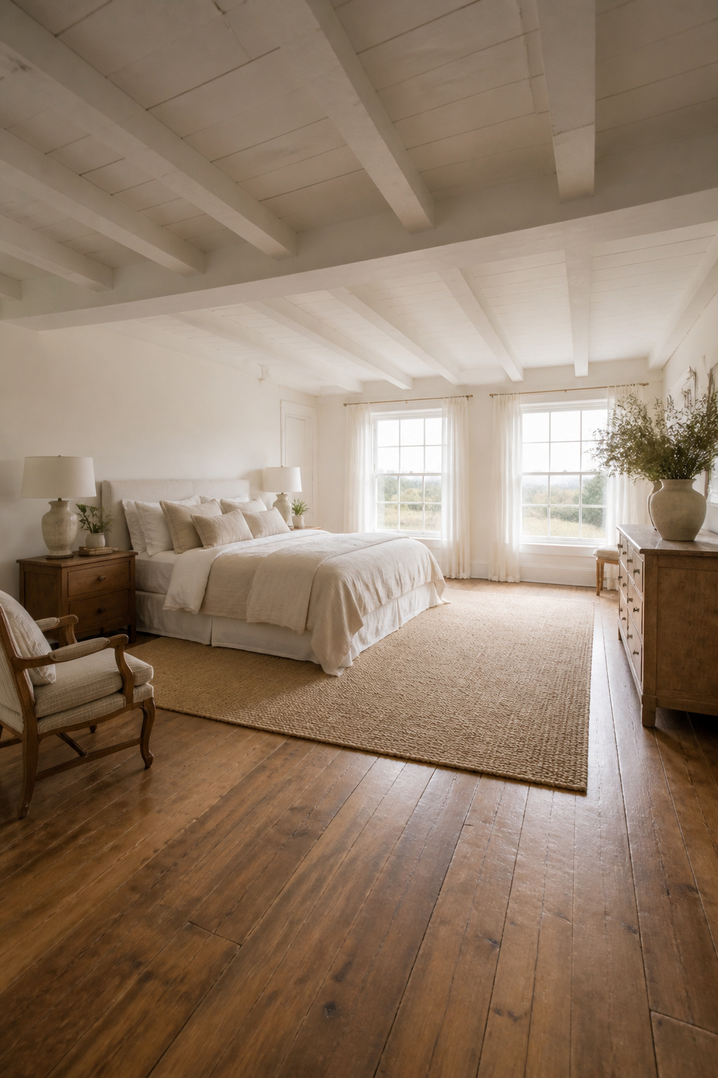 Warm white walls in a farmhouse bedroom creating a calming effect.