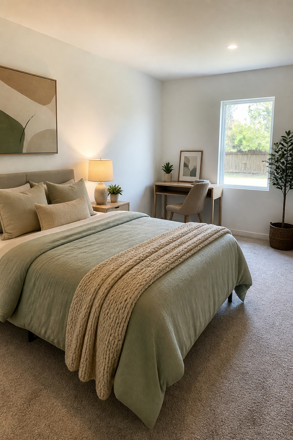 A guest suite with a queen bed, desk, and natural light from a window.