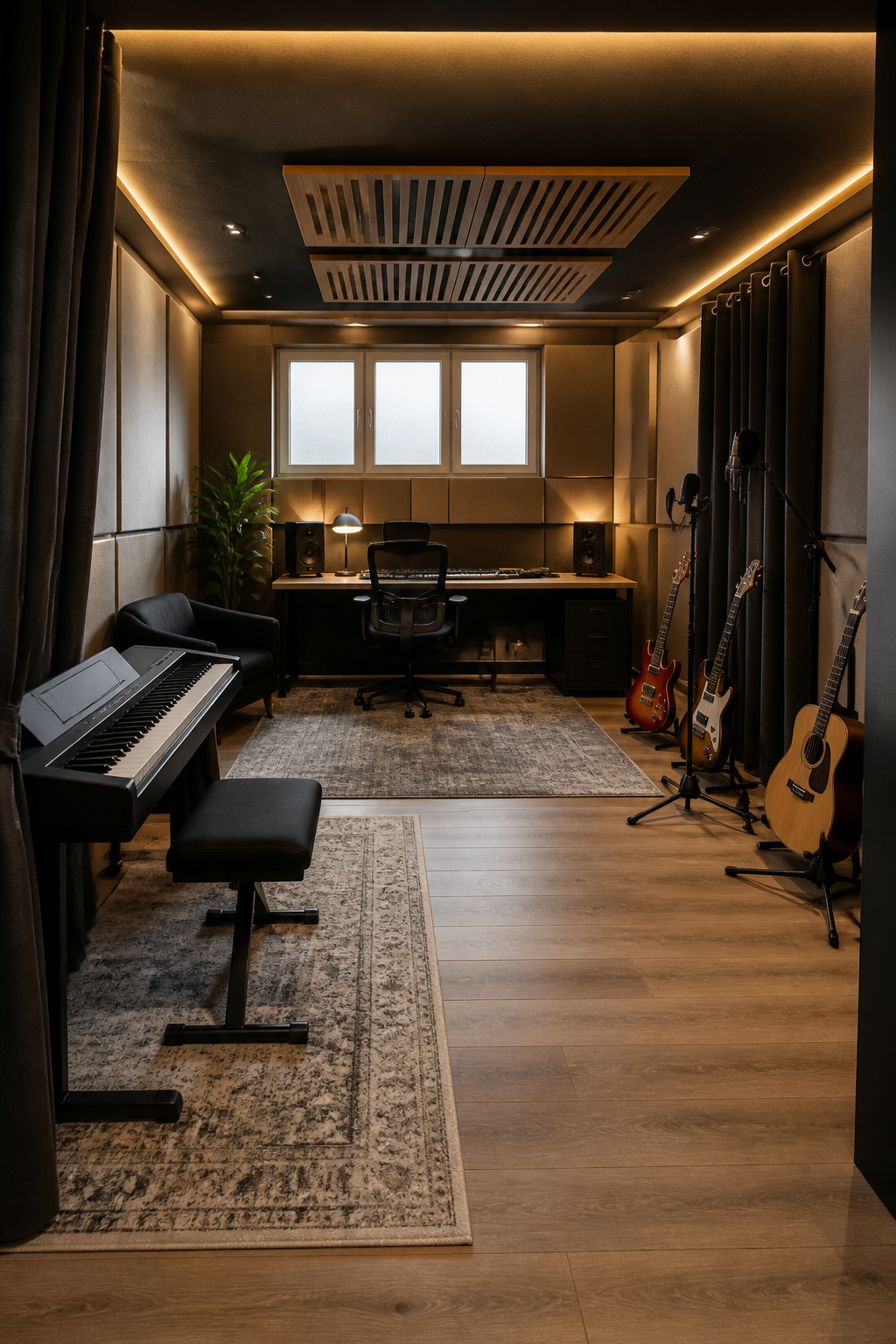 A music studio with acoustic panels, instruments, and soft lighting.