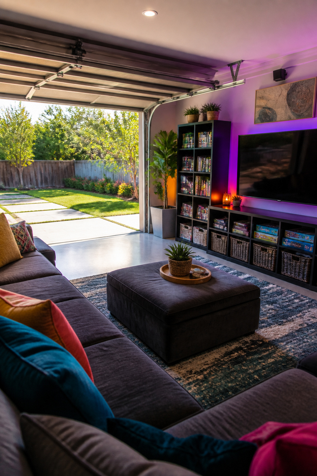 A converted garage as a teen hangout with a sectional and games.