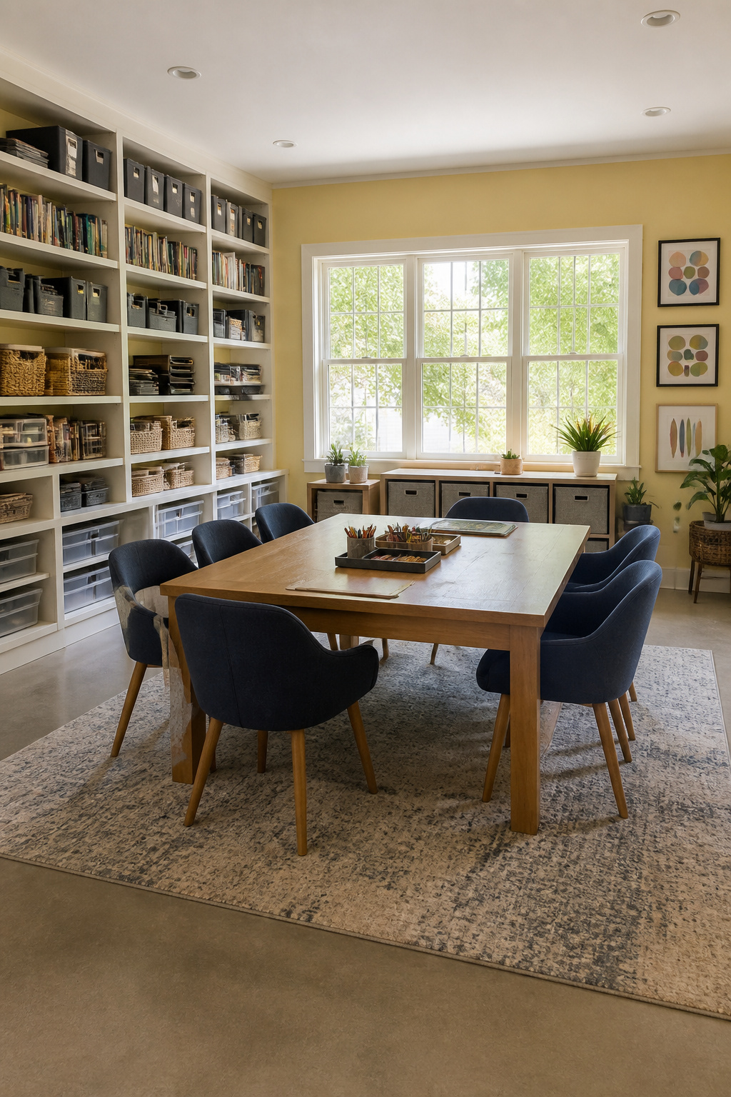A homeschool classroom with a table, chairs, and bookshelves filled with materials.