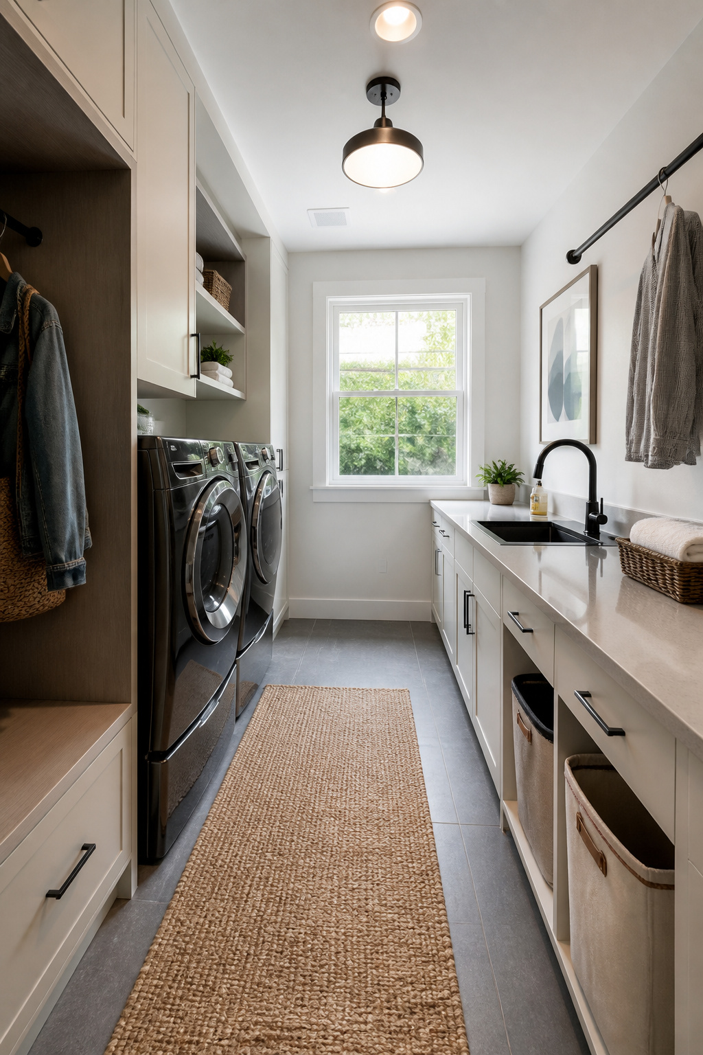 A laundry room with a washing machine, dryer, and cabinetry for storage.