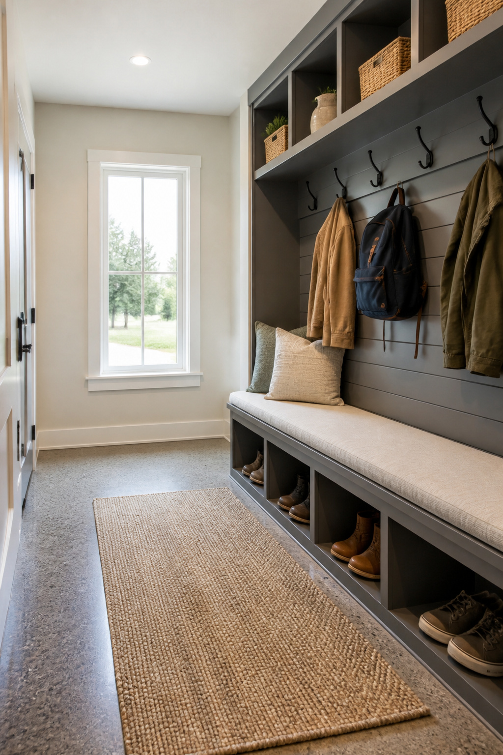 A mudroom with hooks, a bench, and cubbies for storage.