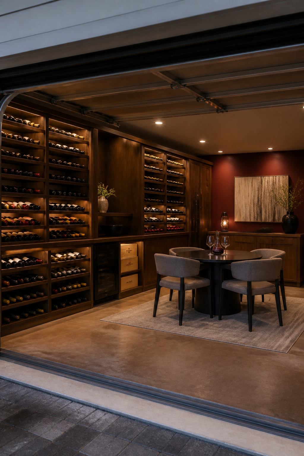 A wine cellar with wine bottles on racks and a tasting table.