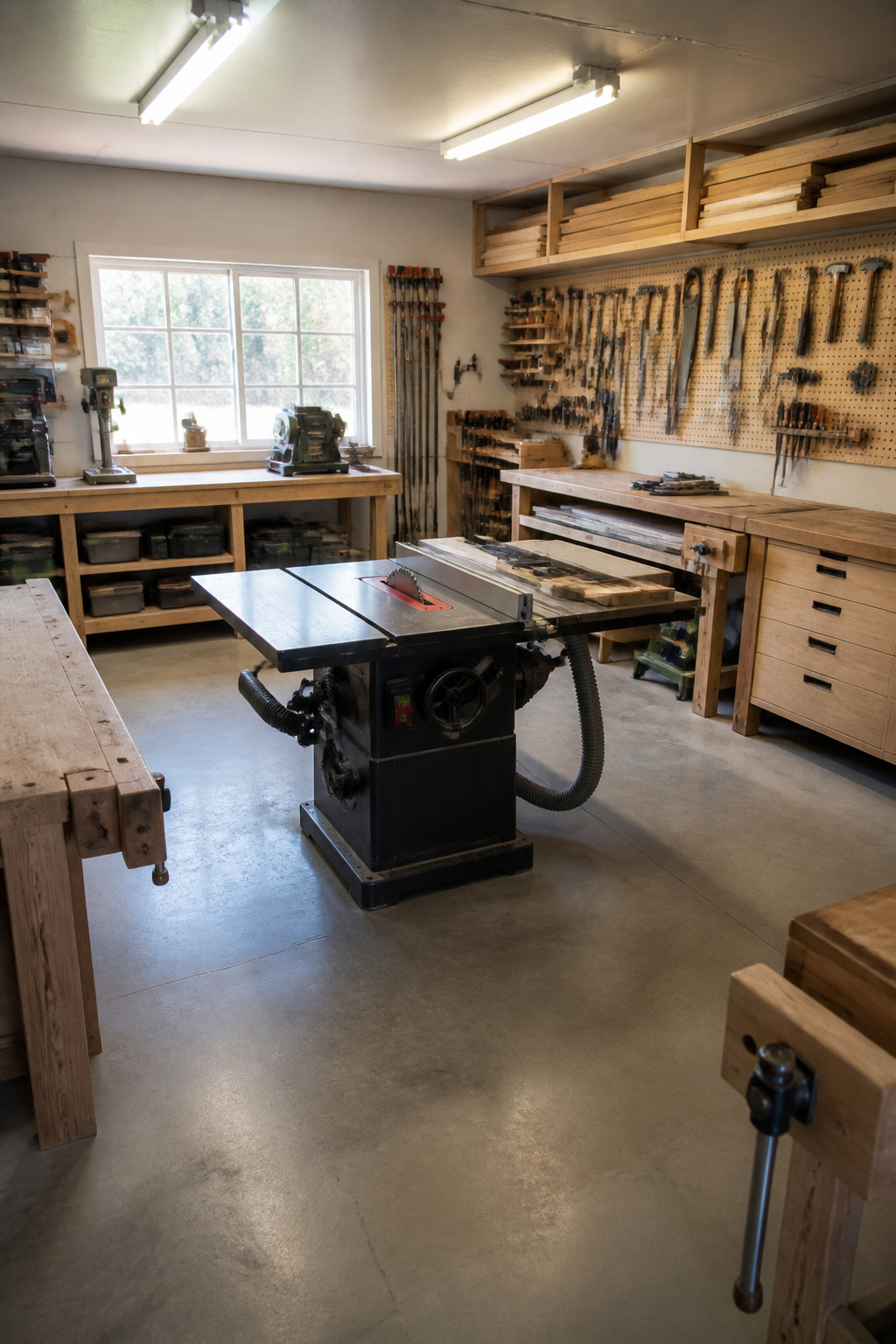 A workshop with workbenches, tools, and bright overhead lighting.