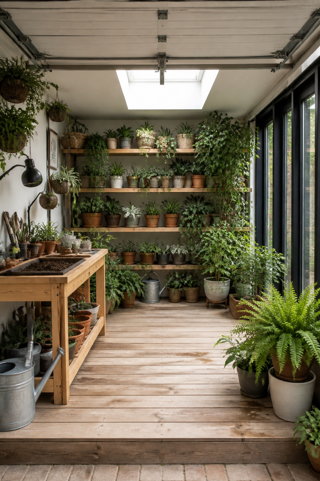 An indoor greenhouse with plants, shelving, and a potting station.