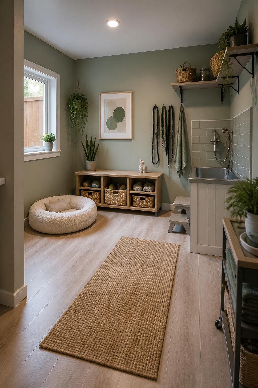A pet room with a bed, storage bins, and a washing station.