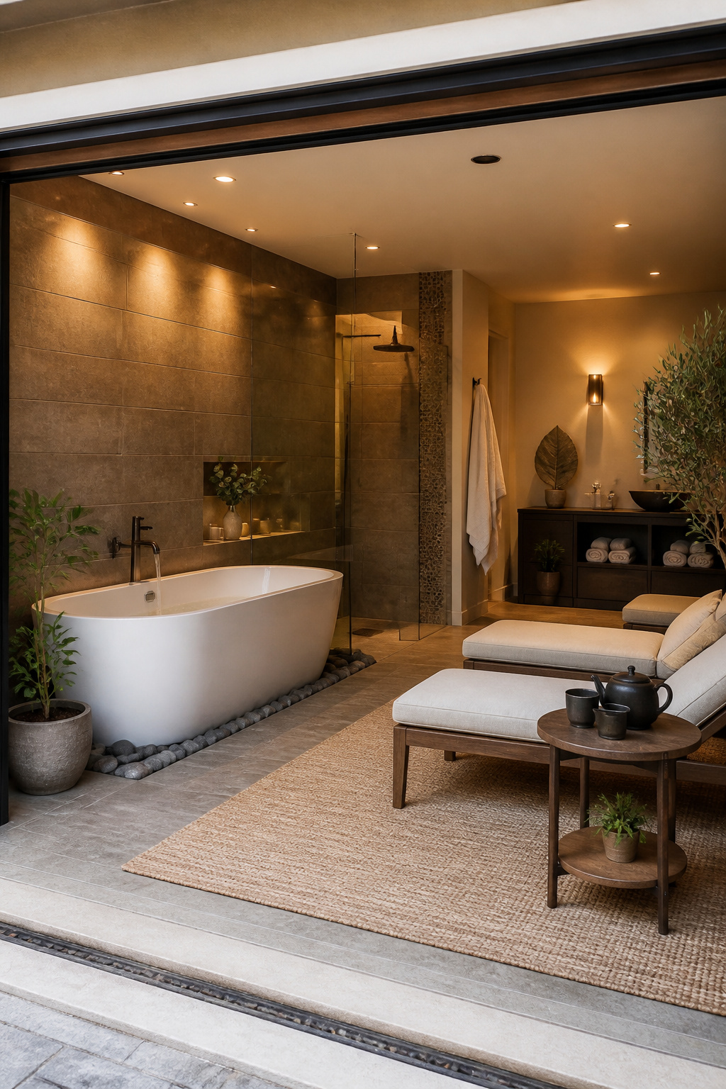 A spa retreat with a soaking tub and relaxing lounge area.