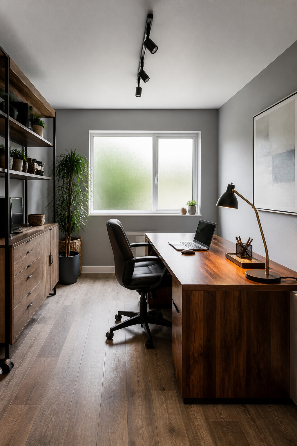 A home office with a wood desk, office supplies, and a frosted window.