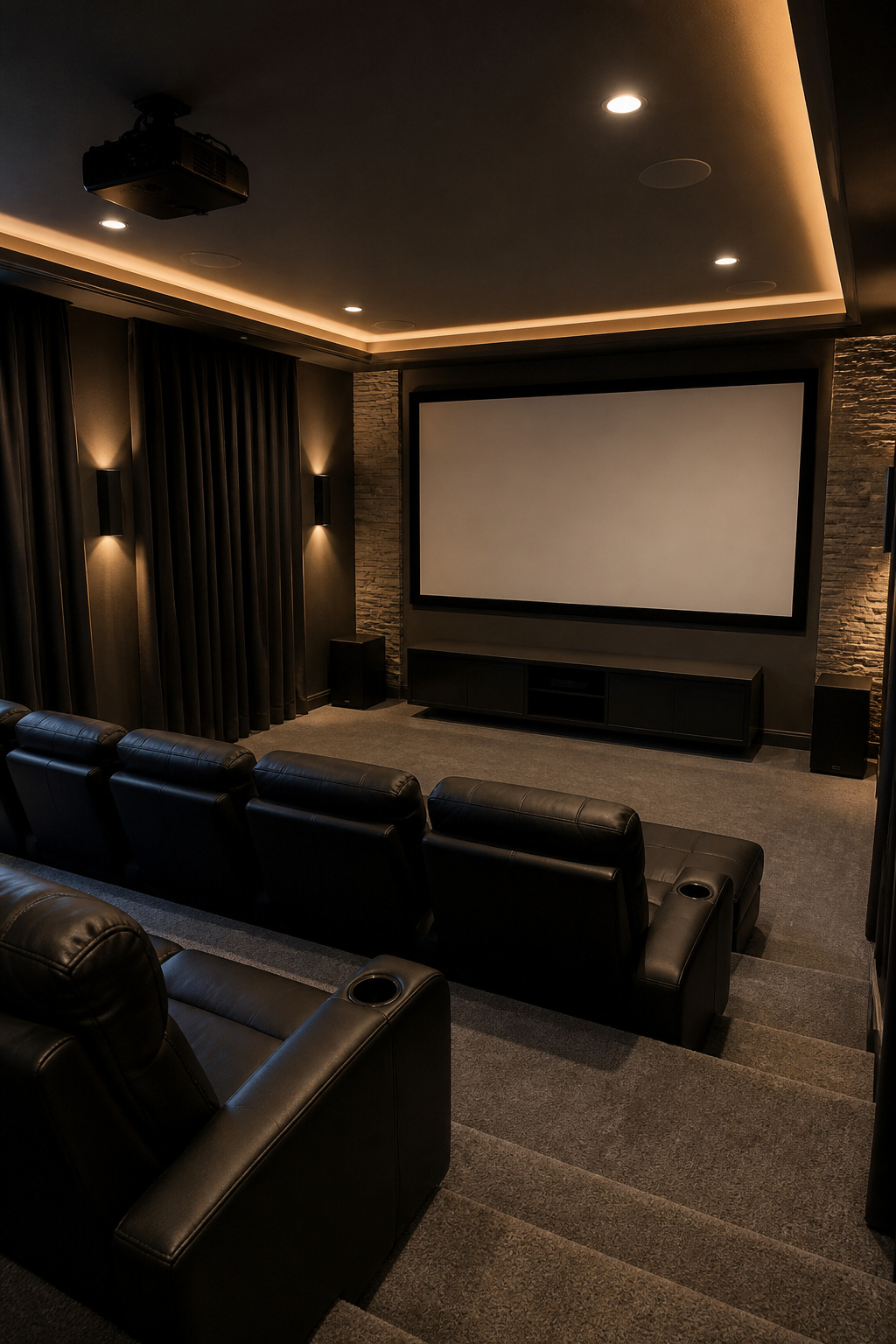 A home theater with tiered seating and a large projector screen.