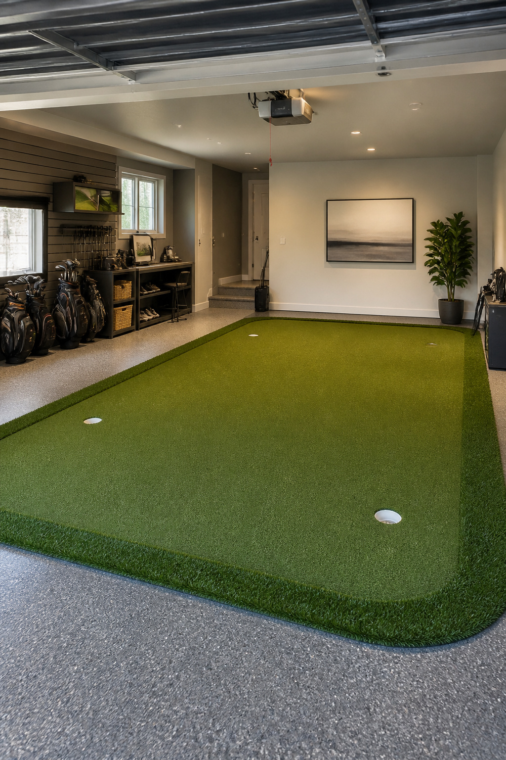 An indoor putting green with synthetic turf and a scoreboard.