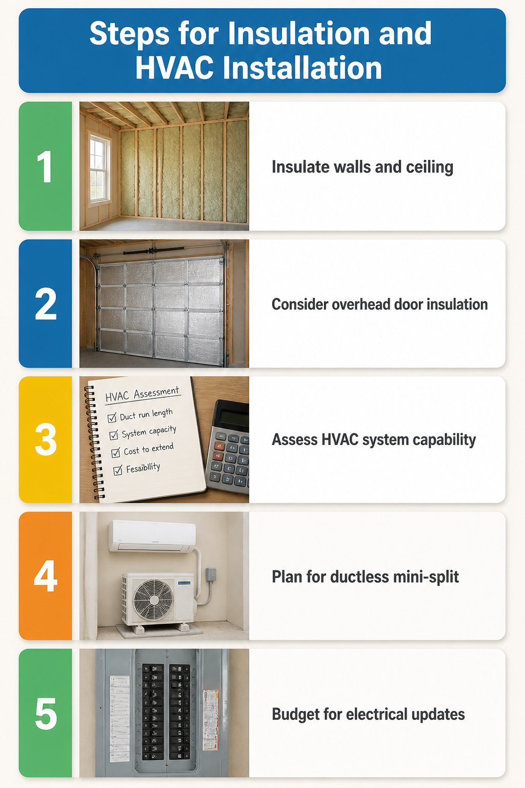 A diagram showing steps for insulation and HVAC installation.