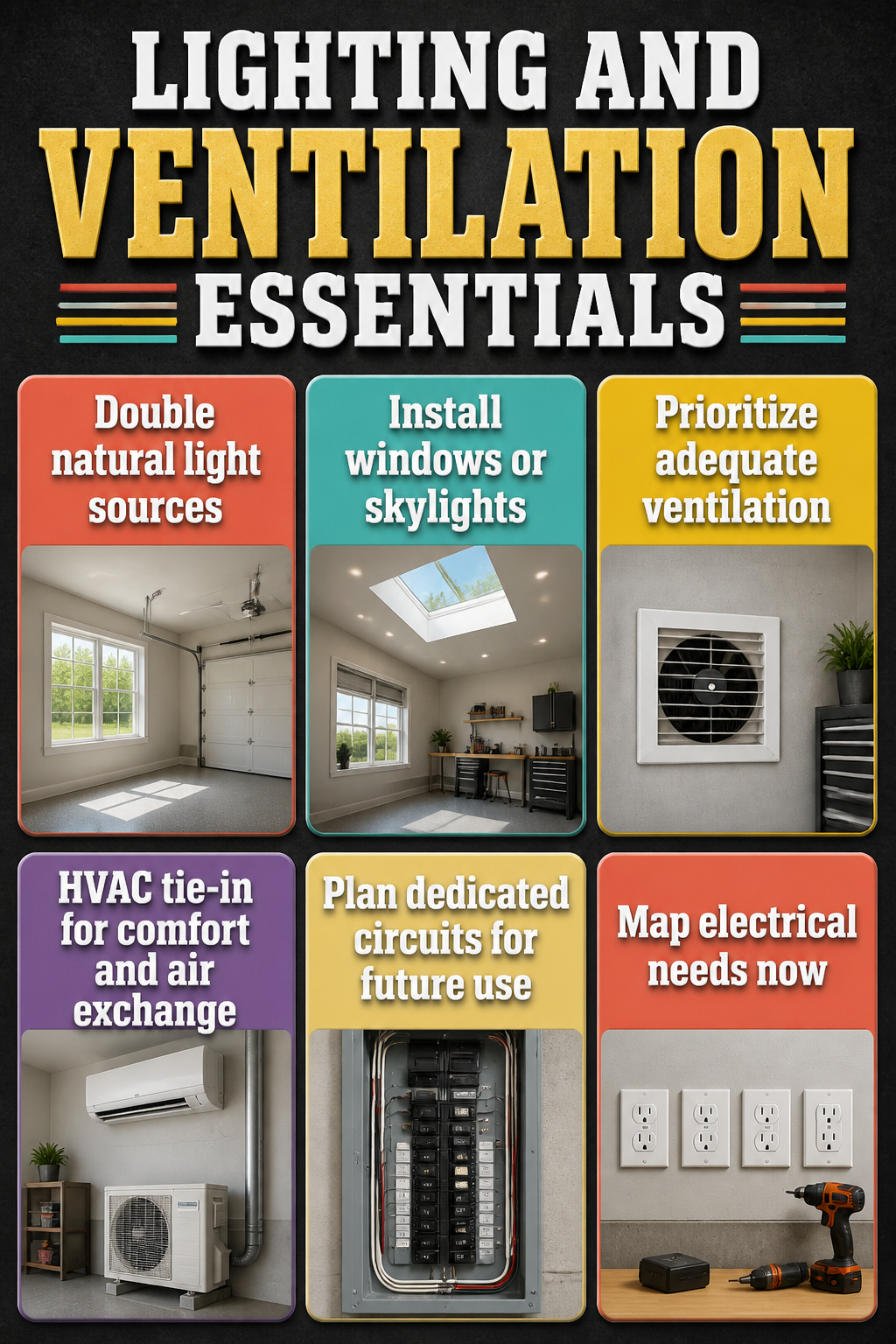 An image detailing lighting and ventilation essentials for garage spaces.