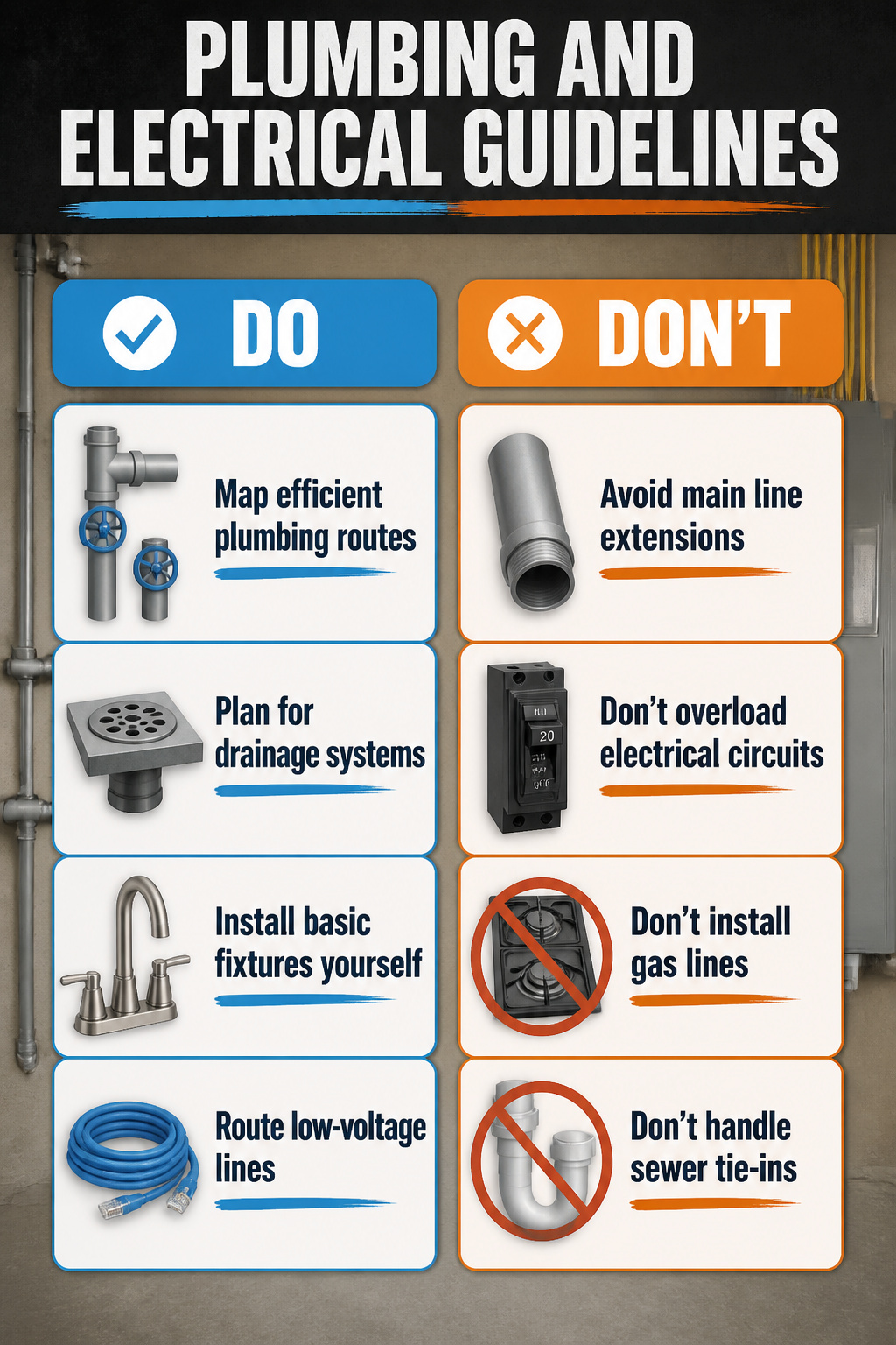 An image highlighting plumbing and electrical guidelines for conversions.