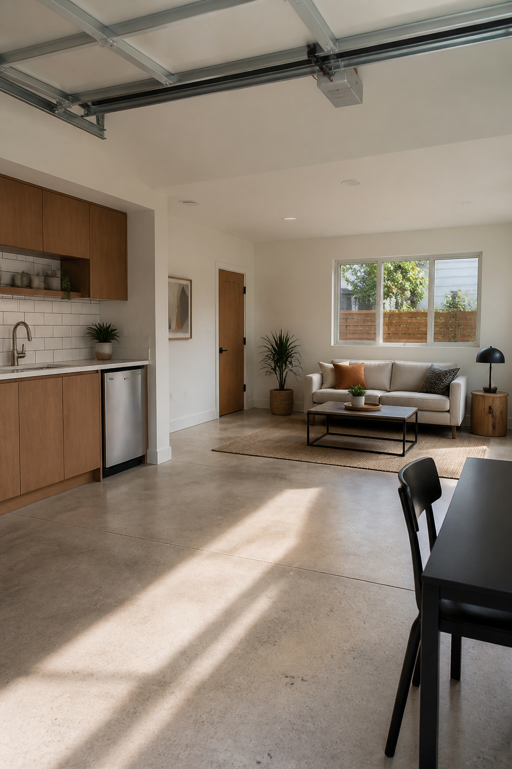 An accessory dwelling unit with a kitchenette and a comfortable sofa.