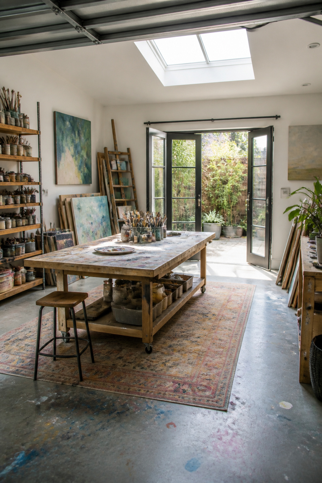 An art studio featuring a work table, shelves of supplies, and natural light.