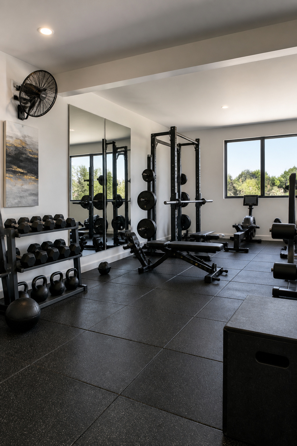 A garage turned gym with exercise equipment and mirrors for workouts.