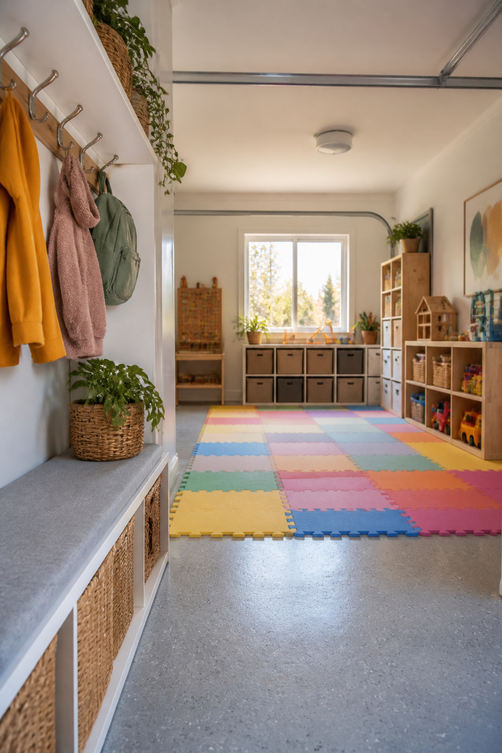 A playroom with foam tiles, shelves of toys, and natural light from a window.
