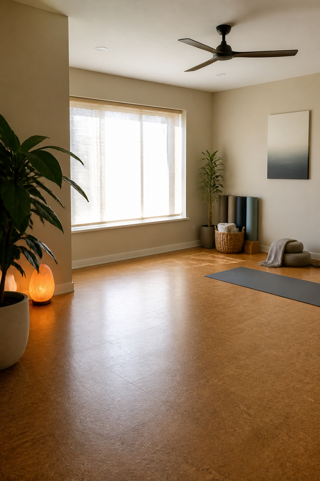 A yoga room with cork flooring, yoga mats, and a tranquil plant.
