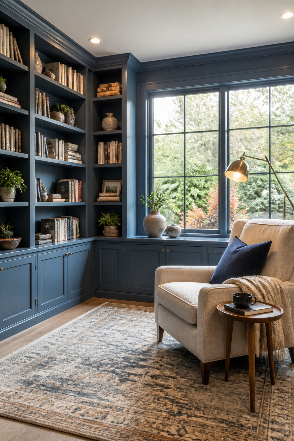 A library with built-in shelves, a reading chair, and natural light.