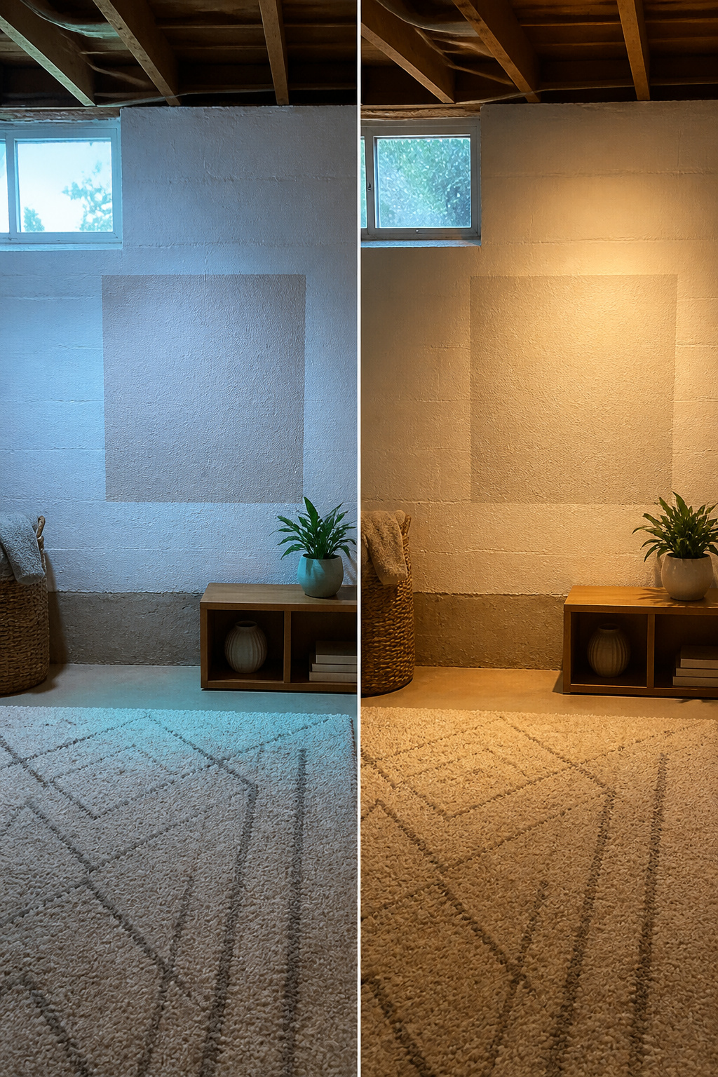 12 Basement Paint Color Ideas: White Dove to Shoji White, 2026 13 A basement demonstrating how light impacts paint color perception.
