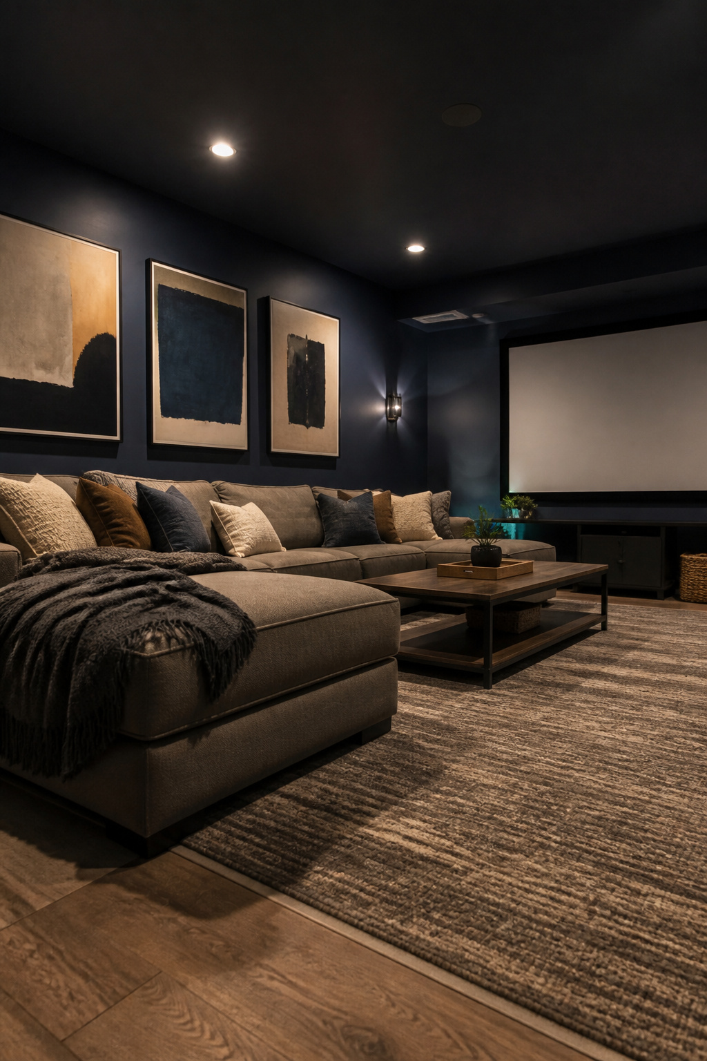 12 Basement Paint Color Ideas: White Dove to Shoji White, 2026 7 A basement painted in Sherwin-Williams Naval, designed for movie viewing.