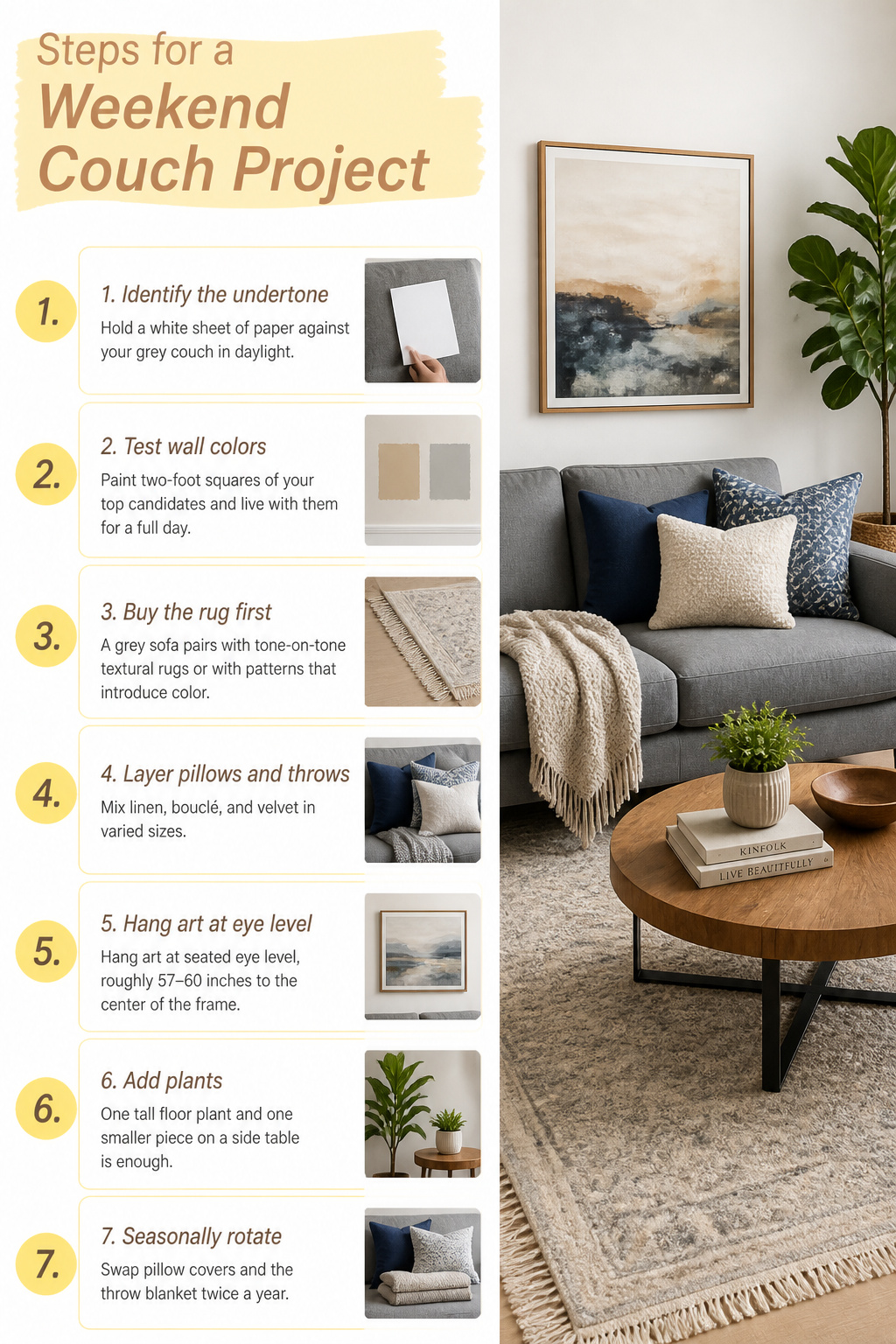 8 Grey Couch Living Room Ideas That Work in 2026 11 Steps outlined for a weekend project involving a gray couch.