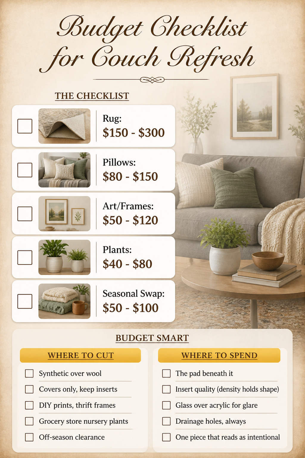 8 Grey Couch Living Room Ideas That Work in 2026 12 A checklist outlining budget items for a gray couch refresh.