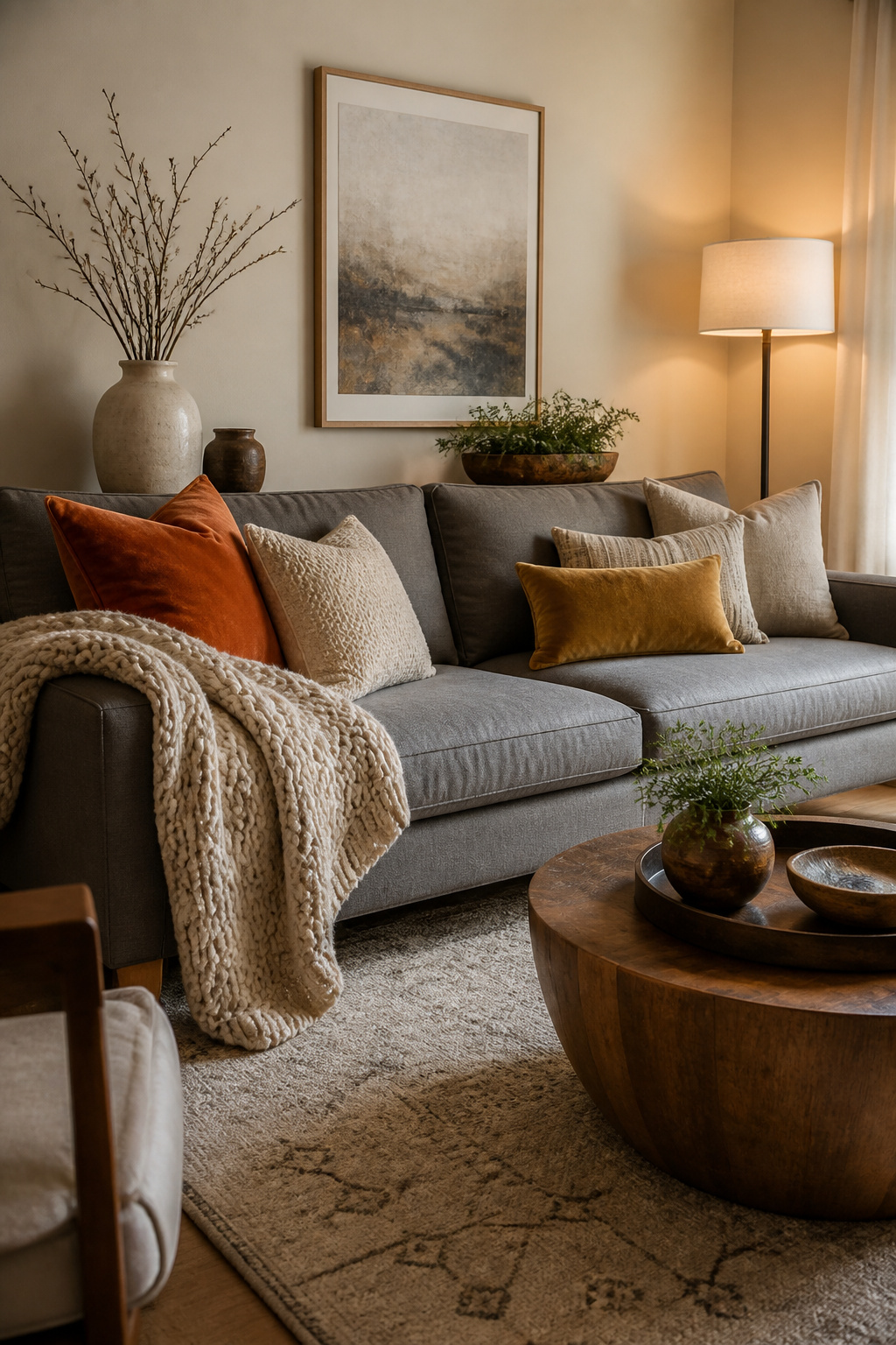 8 Grey Couch Living Room Ideas That Work in 2026 2 A gray couch with various pillows and a chunky knit throw.