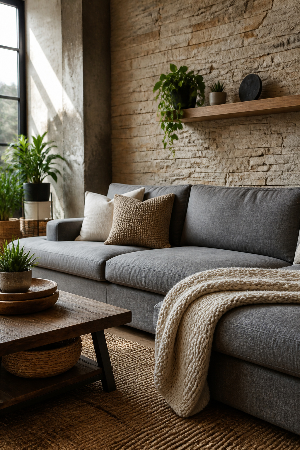 8 Grey Couch Living Room Ideas That Work in 2026 5 A gray couch against textured stone walls and warm beige paint.