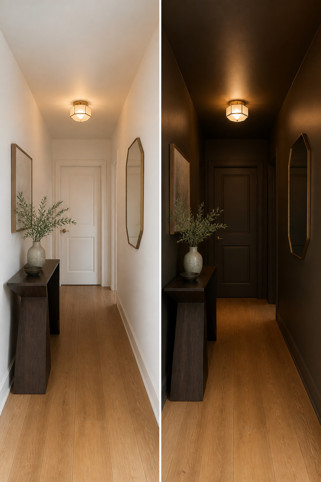 A hallway painted in a deep bronze color with a table and mirror.