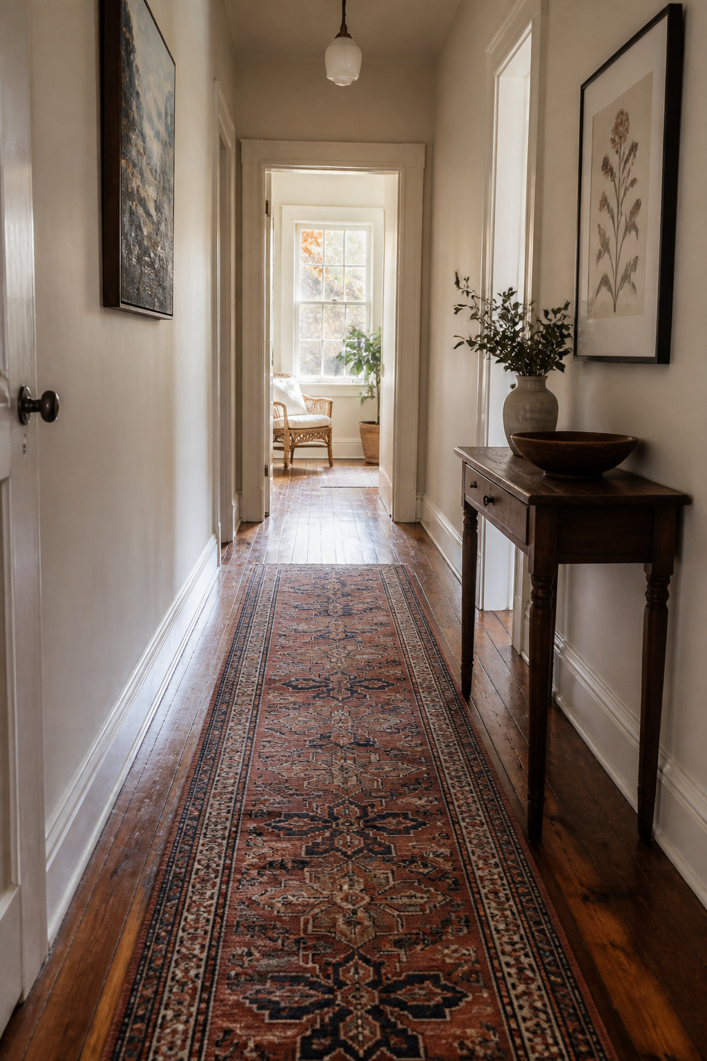 A hallway with scuffed hardwood flooring and a runner rug.