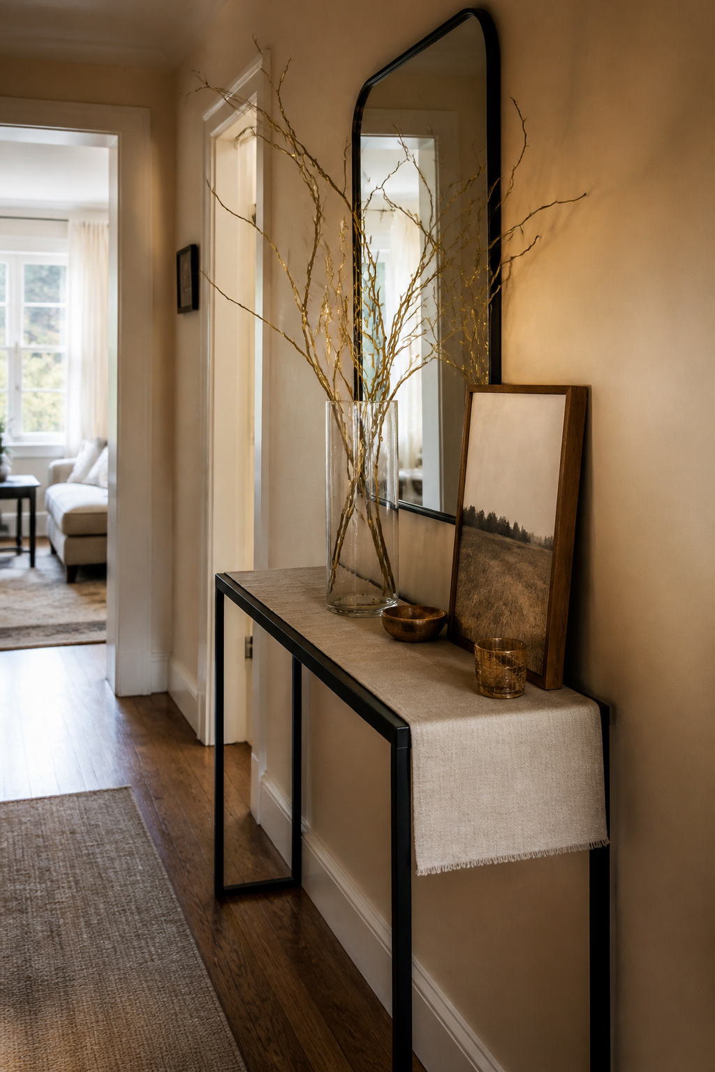 A slim console table with seasonal decor in a hallway.