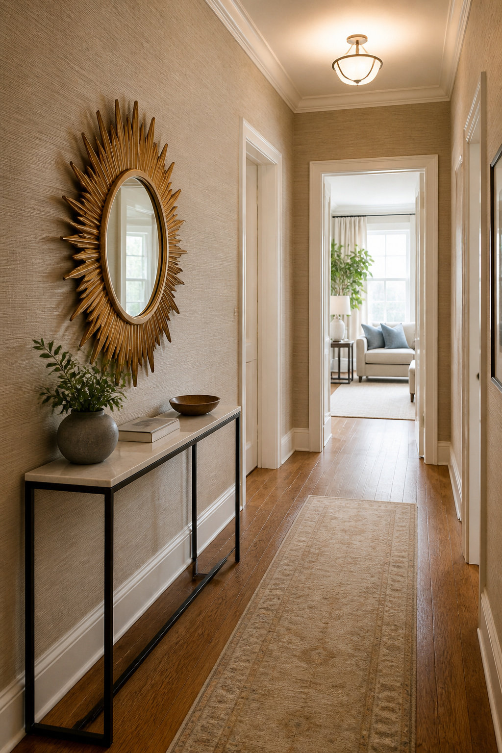 A mirror positioned opposite a window in a narrow hallway.