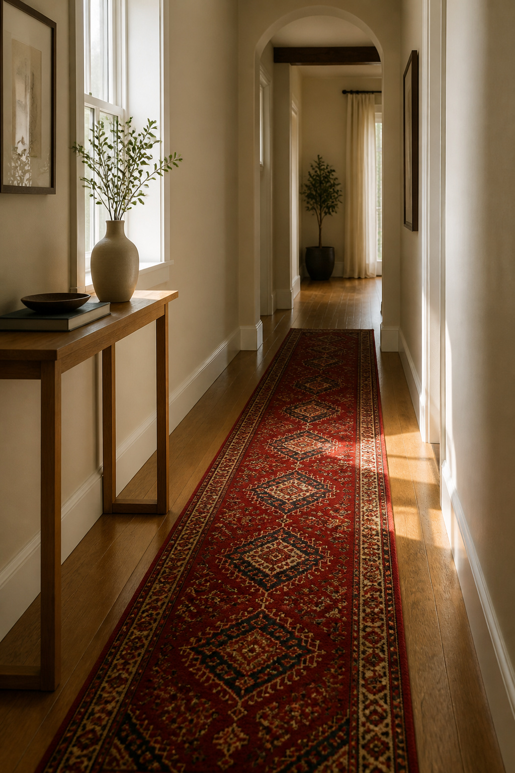 A vibrant runner rug in a long, narrow hallway.