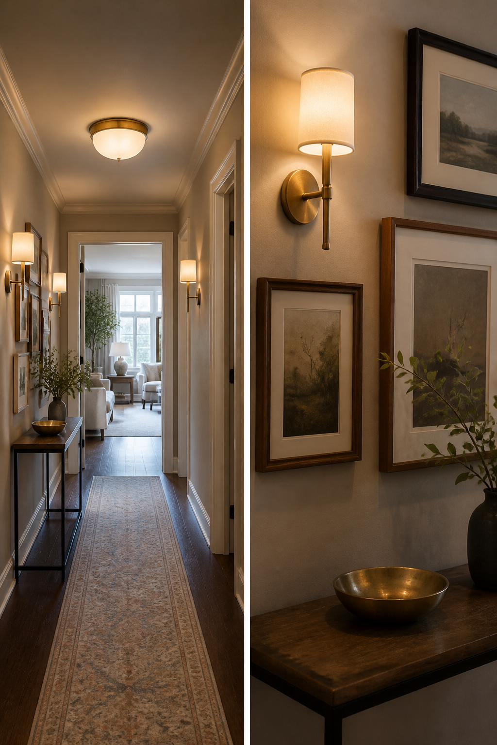 A hallway with a ceiling fixture and wall sconces for lighting.