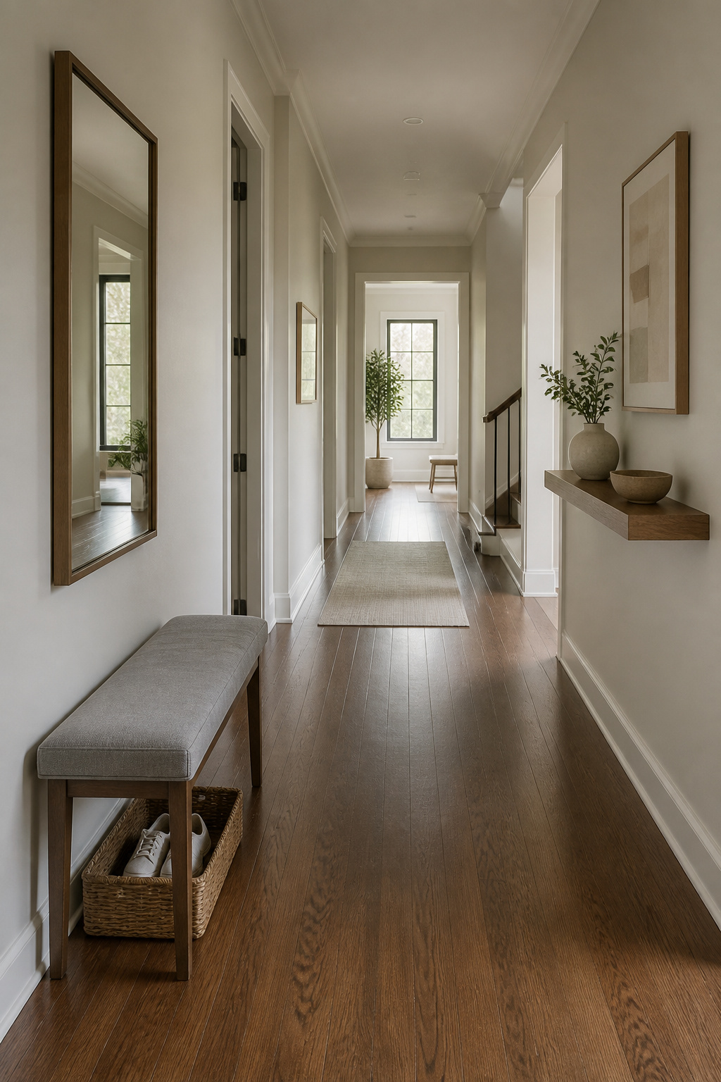 A narrow bench in a hallway with space to walk past.