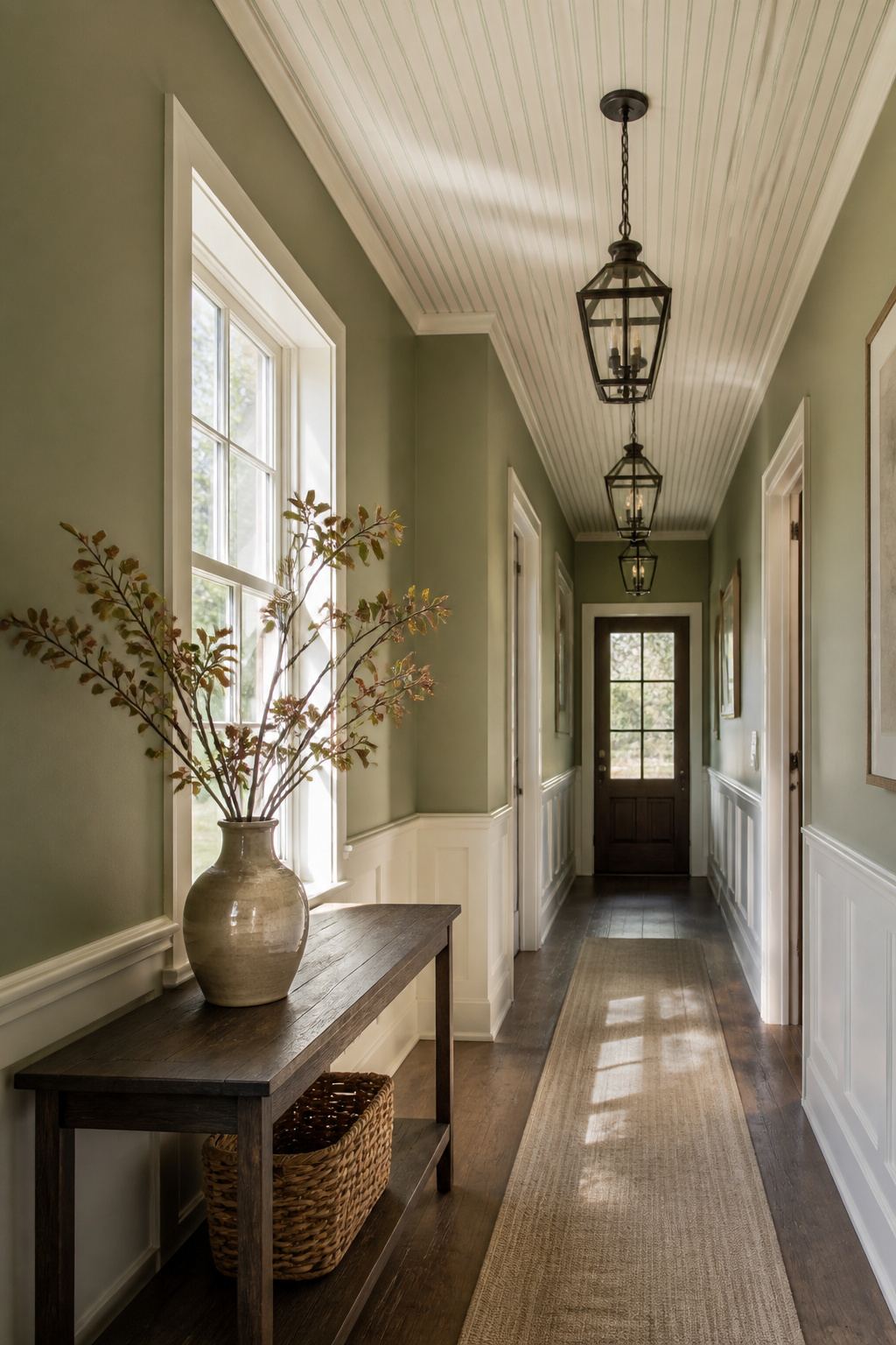 A hallway with wallpaper applied to the ceiling.
