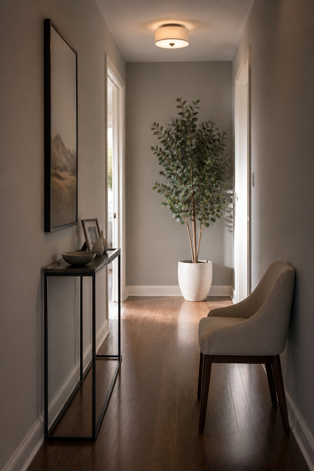 A faux eucalyptus tree in a white planter in a hallway.