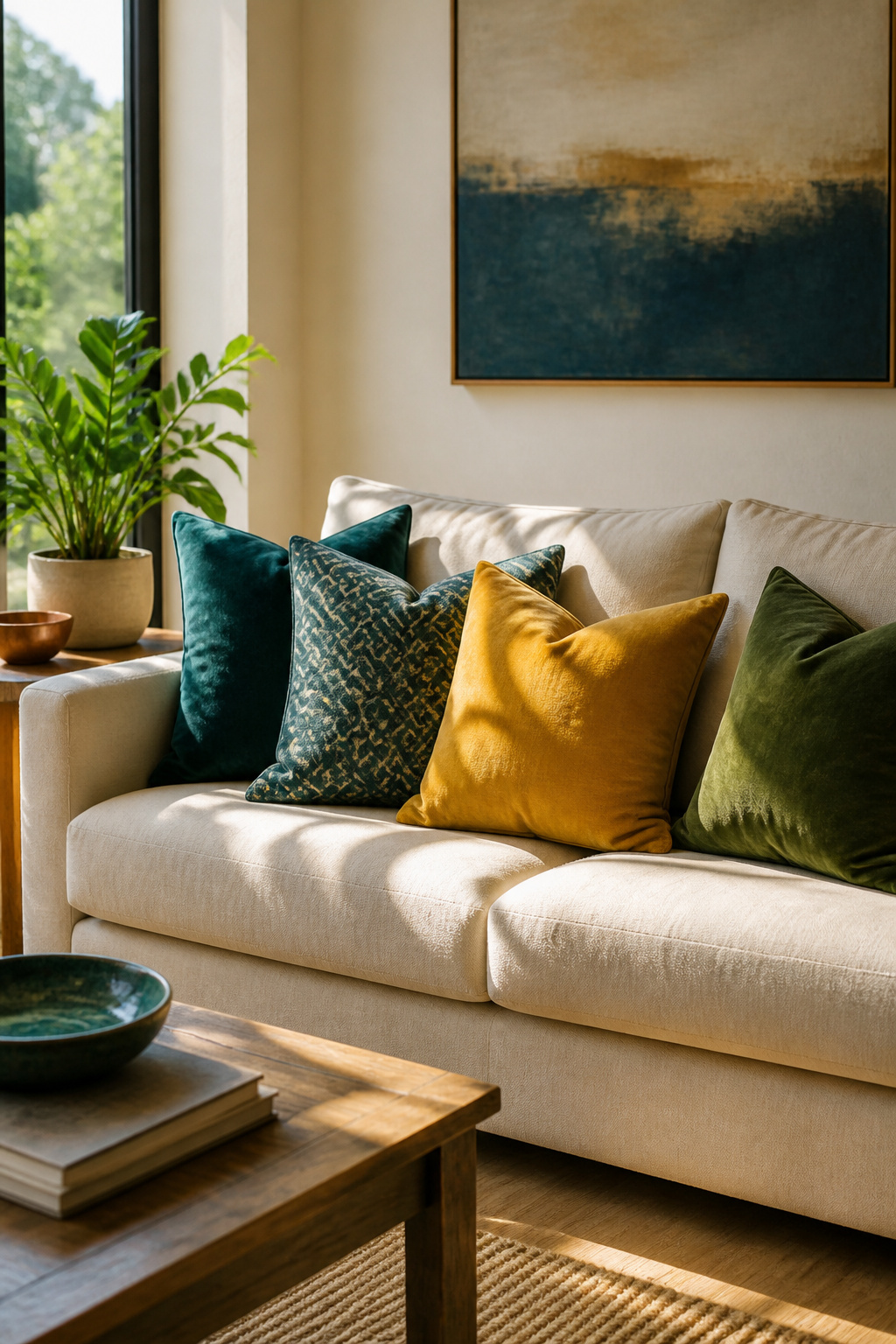 Neutral sofa with vibrant throw pillows in jewel tones.